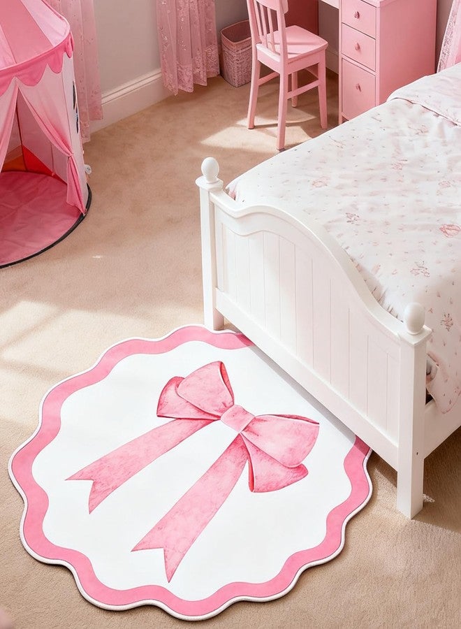 Maasechs Pink Bow Round Rugs, 4 Ft Bow Washable Circle Area Rug for Girls, Non Slip Indoor Decor Carpet for Nursery Kids Room Playroom Living Room, TPR - Image 1
